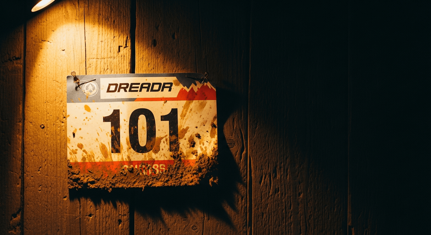 Weathered race bib numbered 101 caked with dried mud on a rough wooden surface.