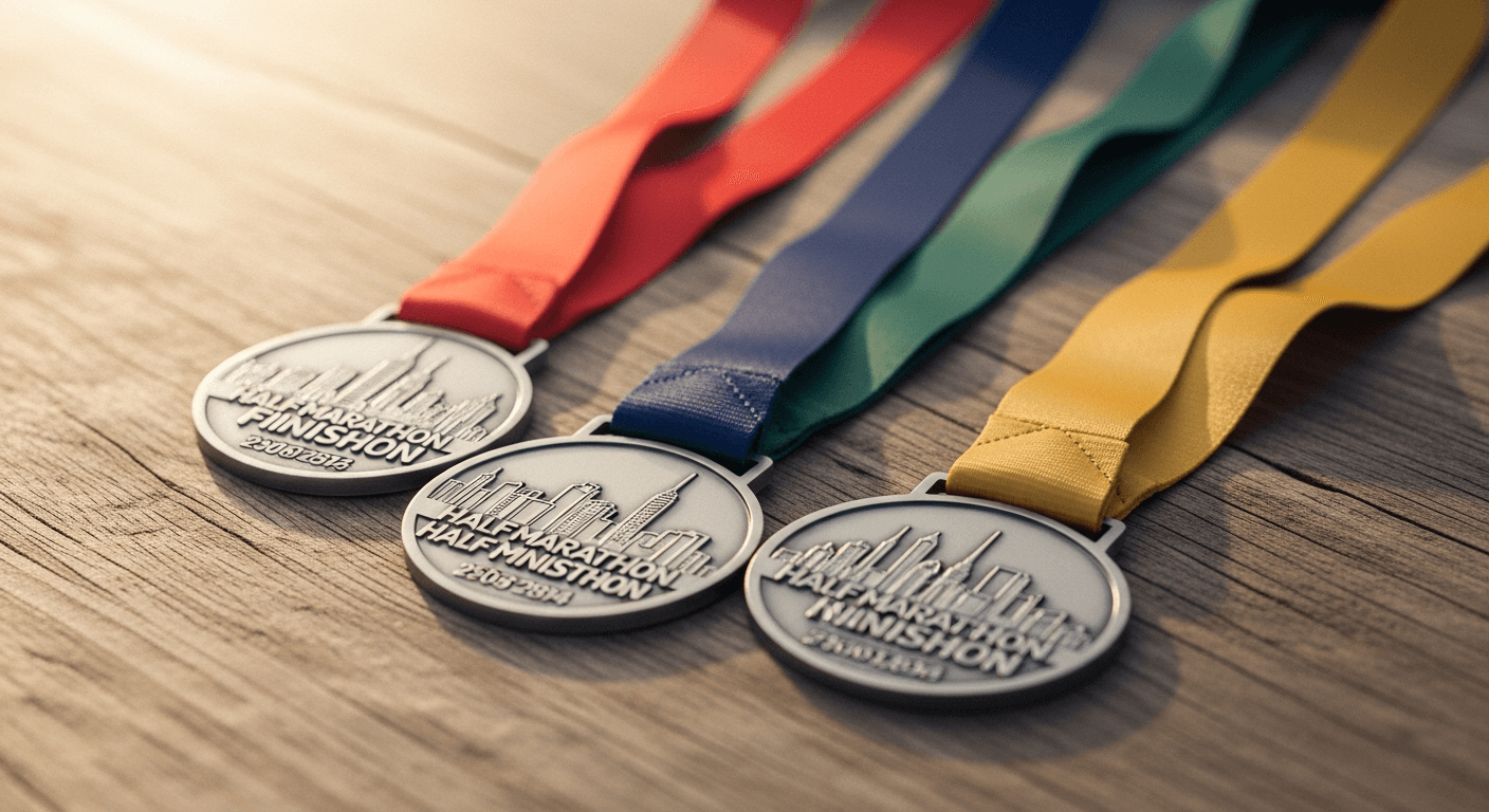 Four gleaming half marathon finisher medals with colorful ribbons arranged on weathered oak wood.