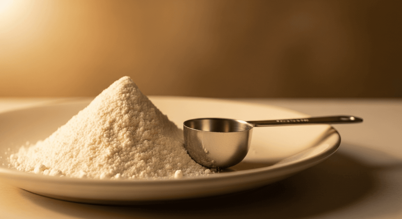 White casein protein powder mound with measuring scoop on cream ceramic plate, warm lighting.