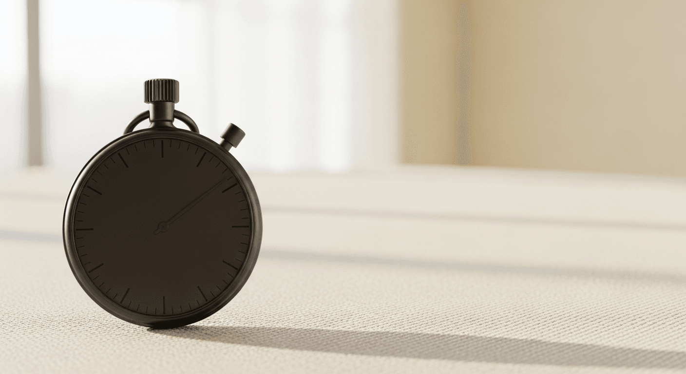 Black matte stopwatch on a cream background for an article about warning signs of a bad personal trainer.