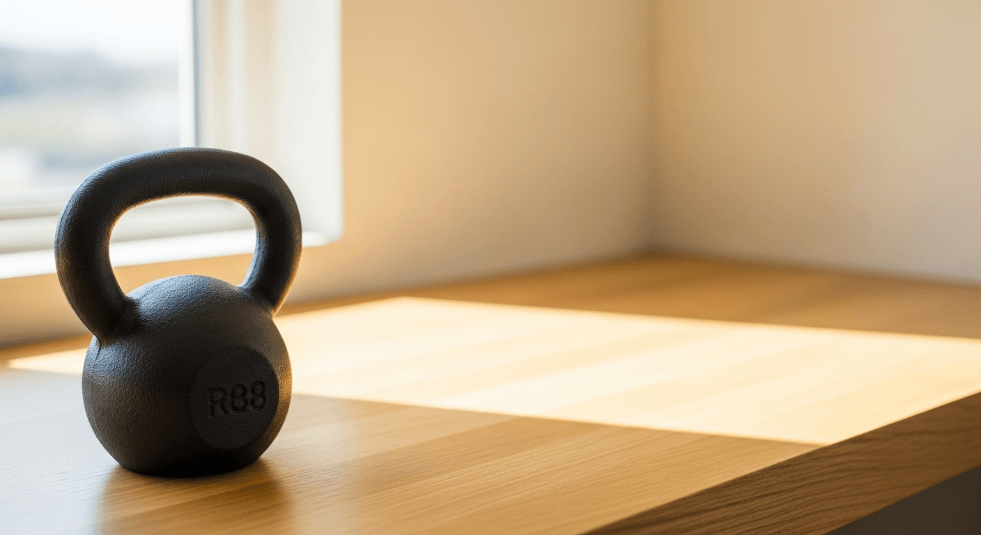 A charcoal cast-iron kettlebell on a light oak desk, softly lit by natural window light.