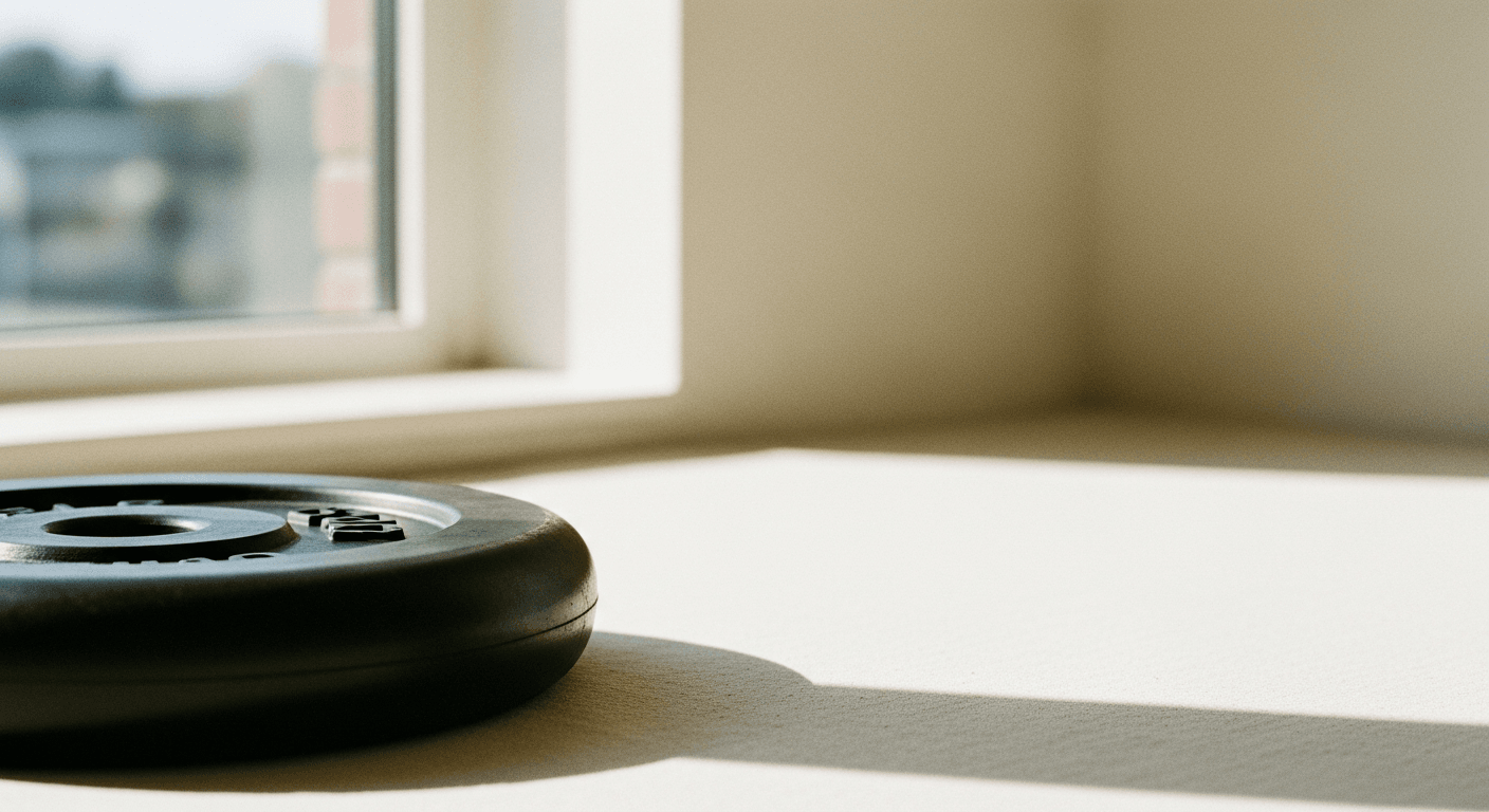 A smooth black weight plate on a cream background with soft natural lighting.