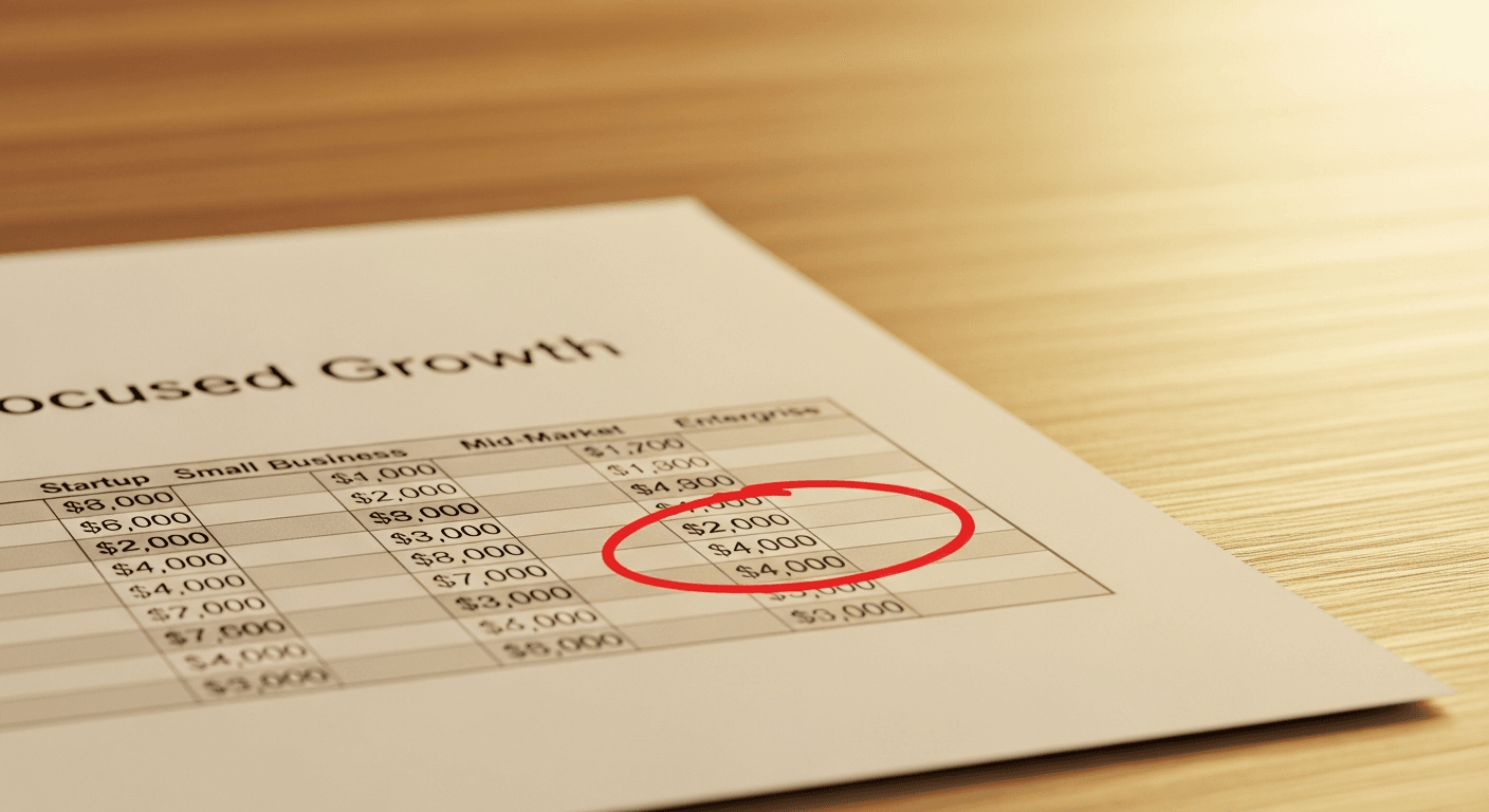 Printed spreadsheet with budget figures on oak desk with one benchmark row highlighted in red.