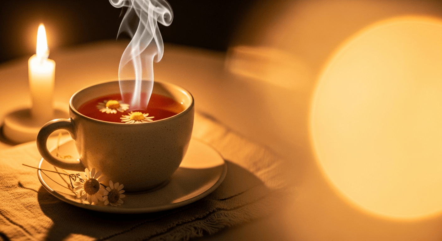 Steaming chamomile tea mug with dried flower on saucer, illuminated by warm candlelight.