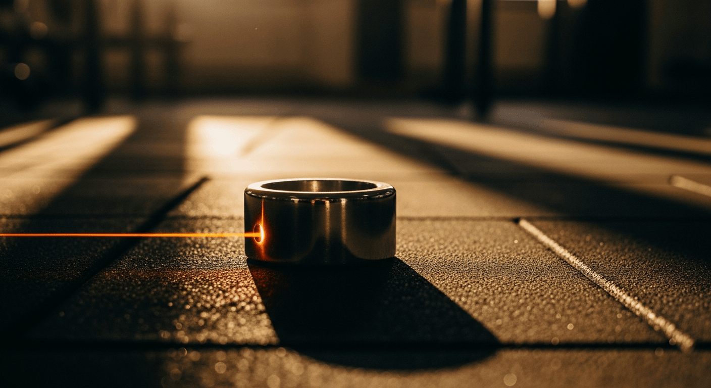 Polished chrome barbell collar on dark gym mat illuminated by a warm amber light beam.