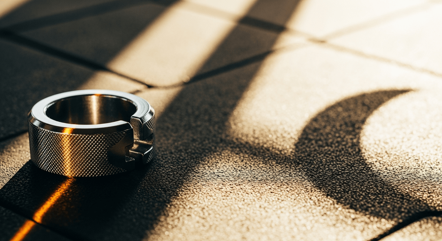 Chrome barbell collar with open locking mechanism on textured gym mat, illuminated by warm golden light.