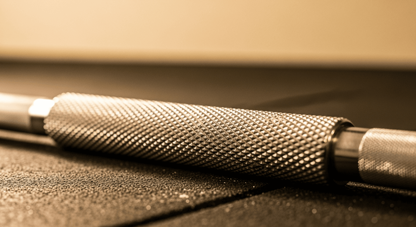 Close-up of a chrome pull-up bar with knurled diamond texture on a rubber mat with chalk dust.