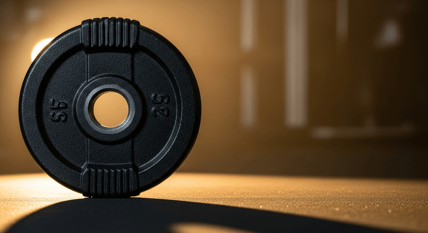 Cast iron weight plate photographed edge-on with warm side lighting against a rubber mat.