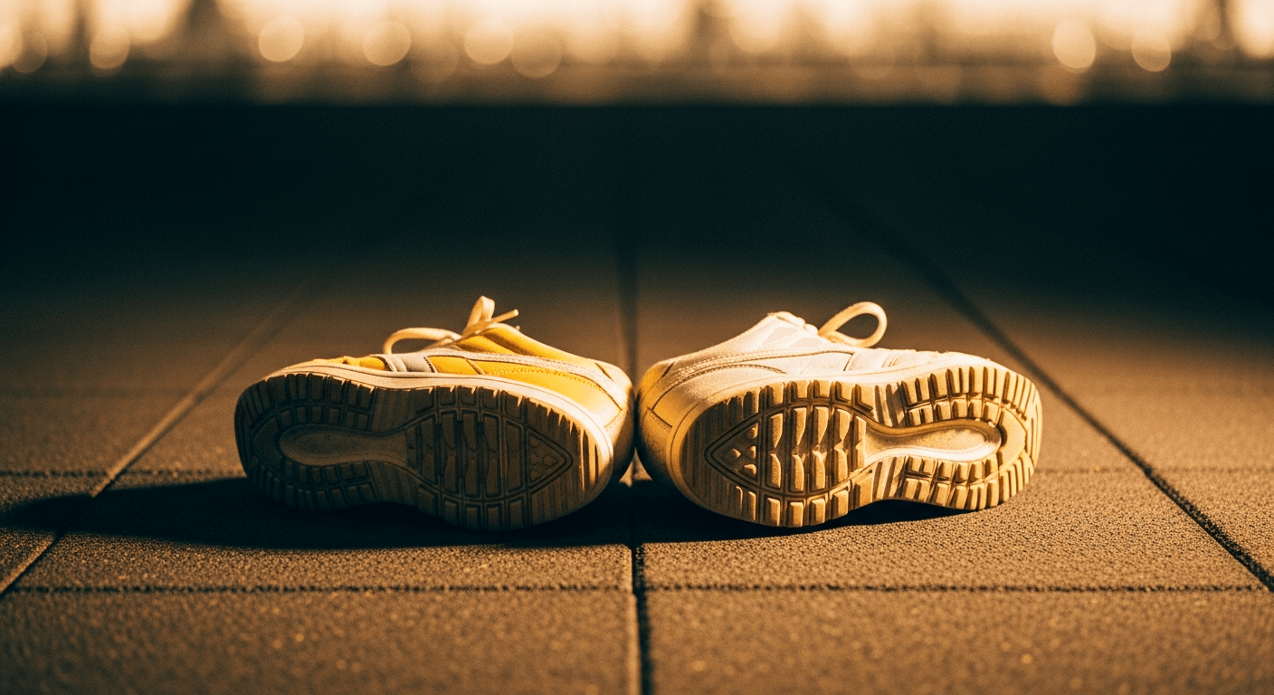 Worn athletic shoes positioned at shoulder-width apart on a gym floor for squat technique.