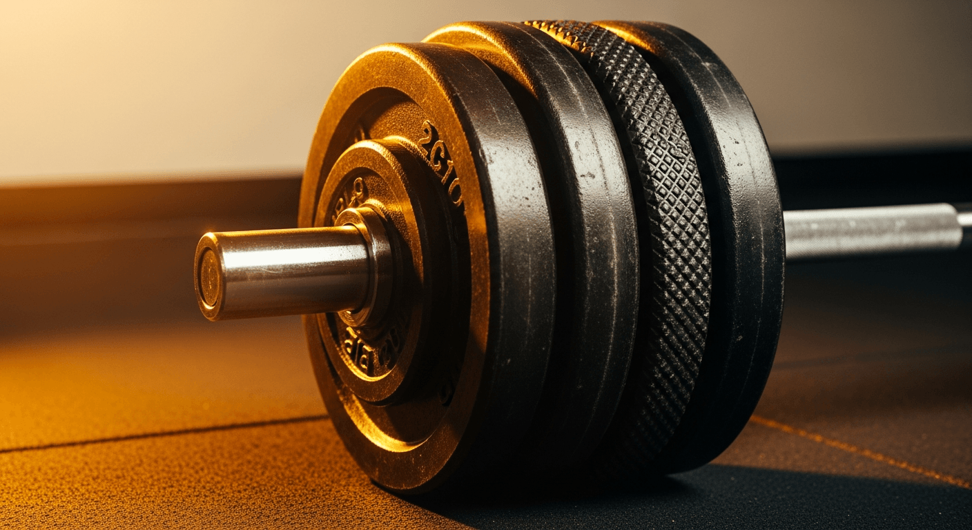 Close-up of a loaded barbell with iron plates on a gym floor.