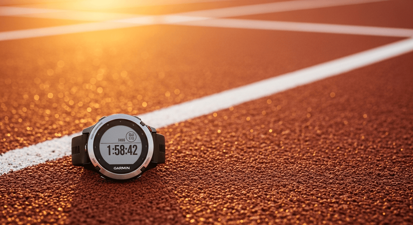 Garmin GPS watch displaying 1:58:42 on a red running track with golden bokeh background.