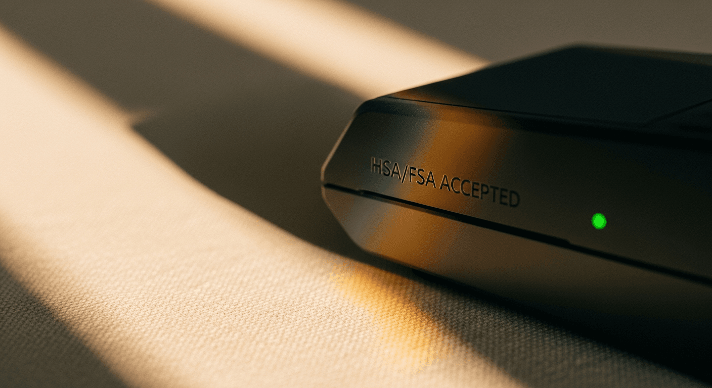 Black payment terminal with green LED and HSA/FSA accepted label on a cream desk.