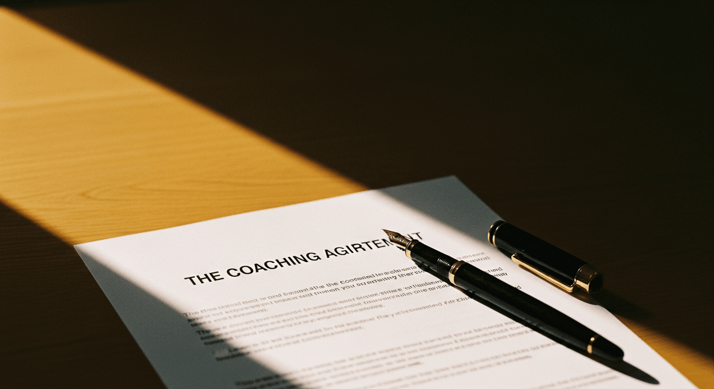 Coaching contract on cream paper with fountain pen, warm lighting on oak desk.
