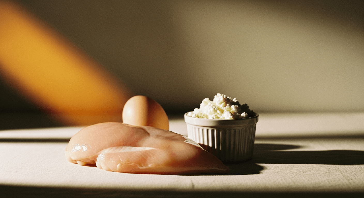 Raw chicken breast, egg, and cottage cheese arranged on cream linen with warm lighting.
