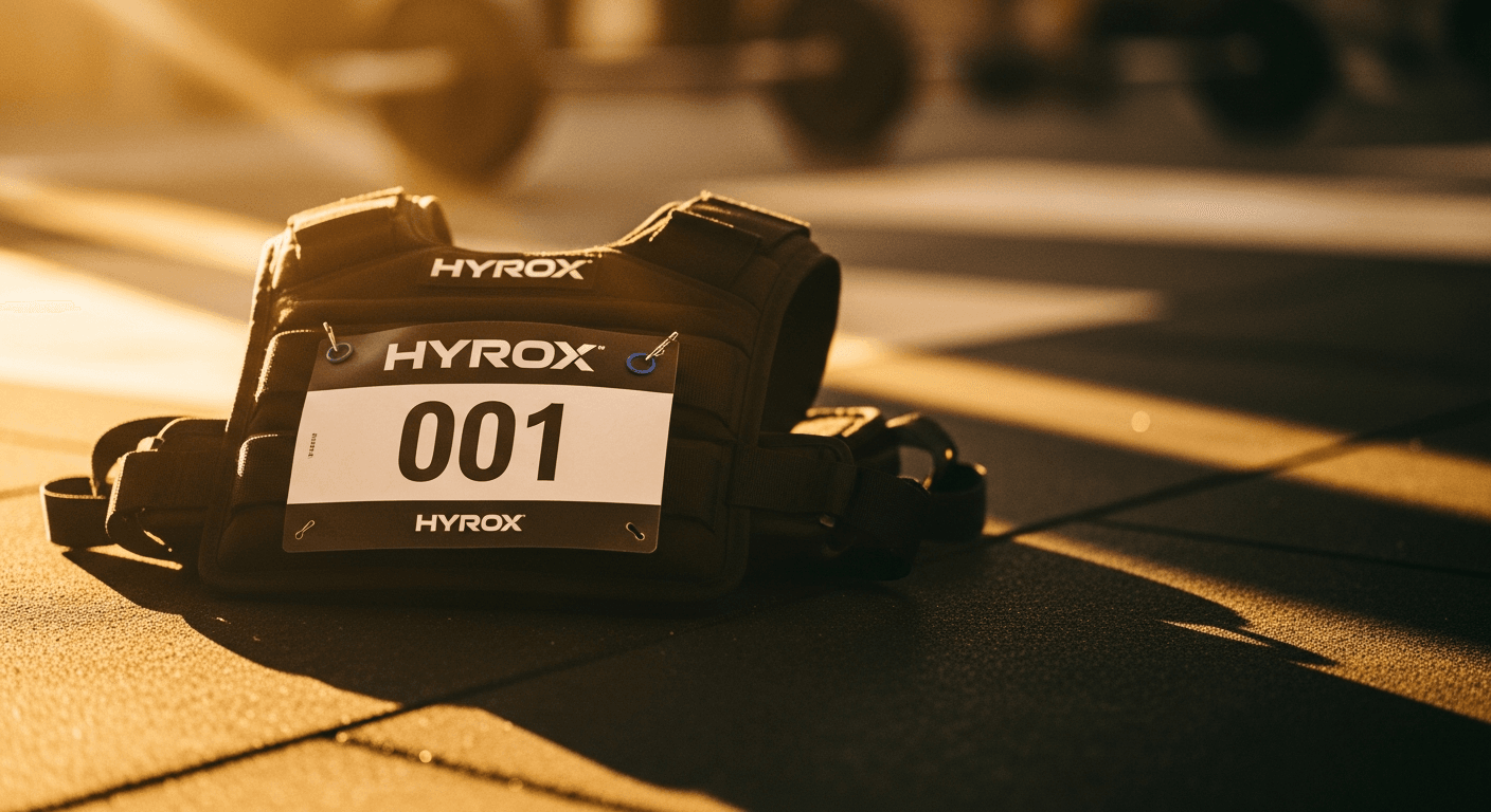 HYROX race bib pinned to a black weight vest, illuminated by warm amber lighting against a blurred background.