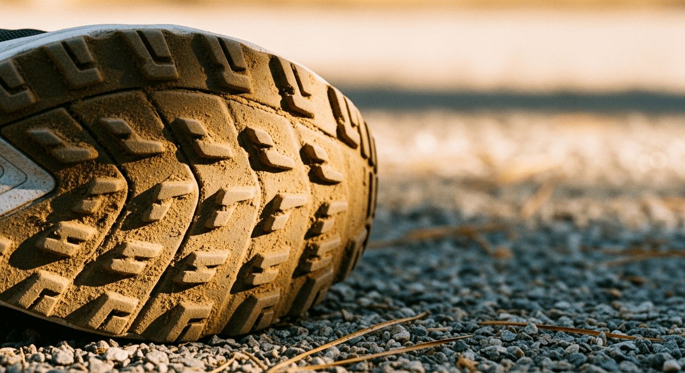 Close-up of a trail running shoe caked with dust on rocky ground, lit by warm sunlight.