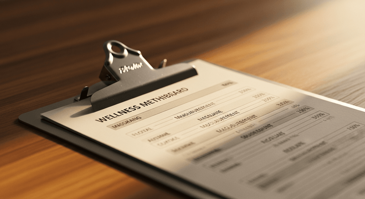 Printed wellness metrics dashboard on a metal clipboard resting on a wooden desk with warm lighting.