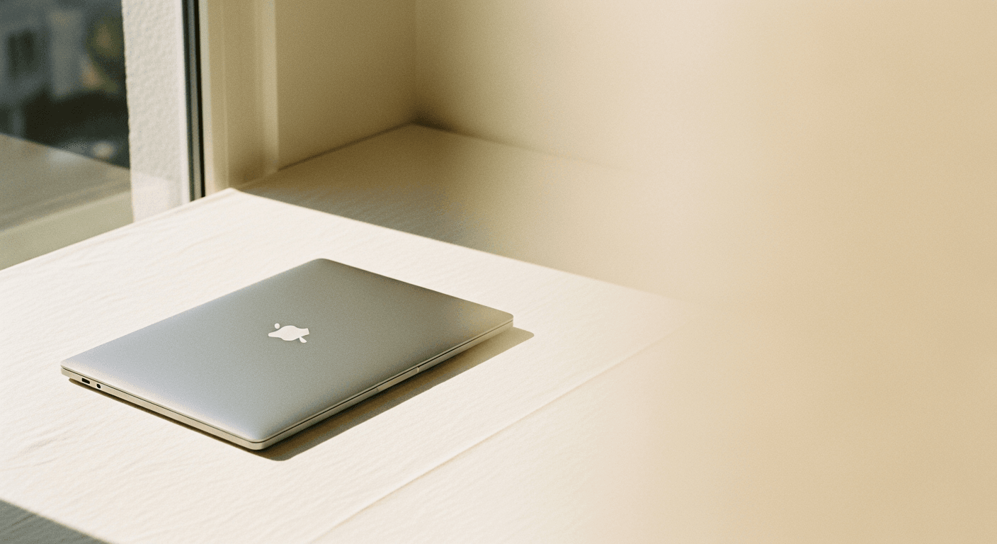 A closed silver laptop on a warm cream surface with soft natural lighting.