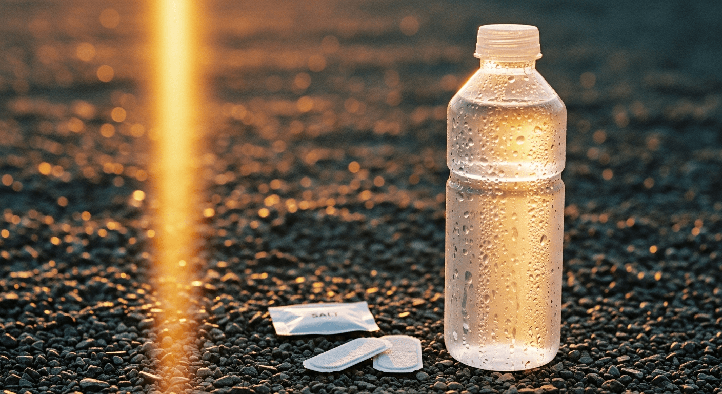Electrolyte drink bottle with salt packet and gel tabs on a gravel trail in golden light.