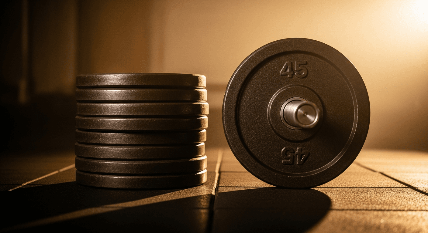 Barbell with stacked light plates on one end and single heavy plate on the other, warm amber lighting.