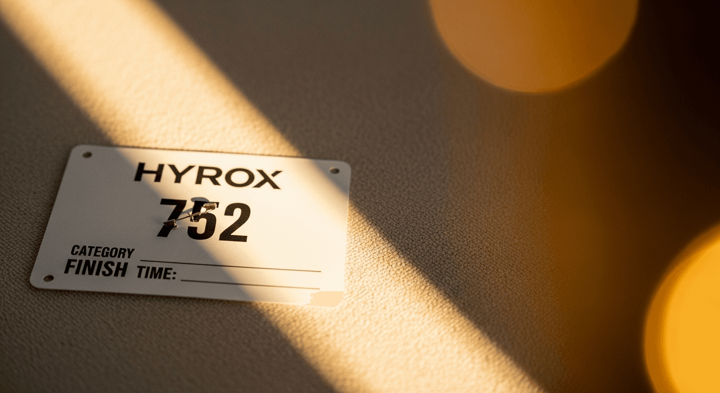 Flat HYROX race bib with legible category text and finish-time fields, warm amber lighting.