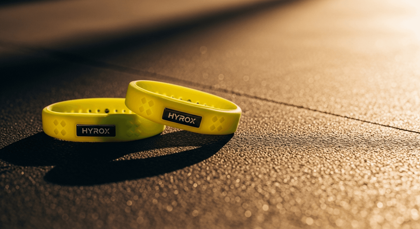 Two interlocked neon yellow HYROX wristbands with timing chips, lit by warm amber light against blurred background.