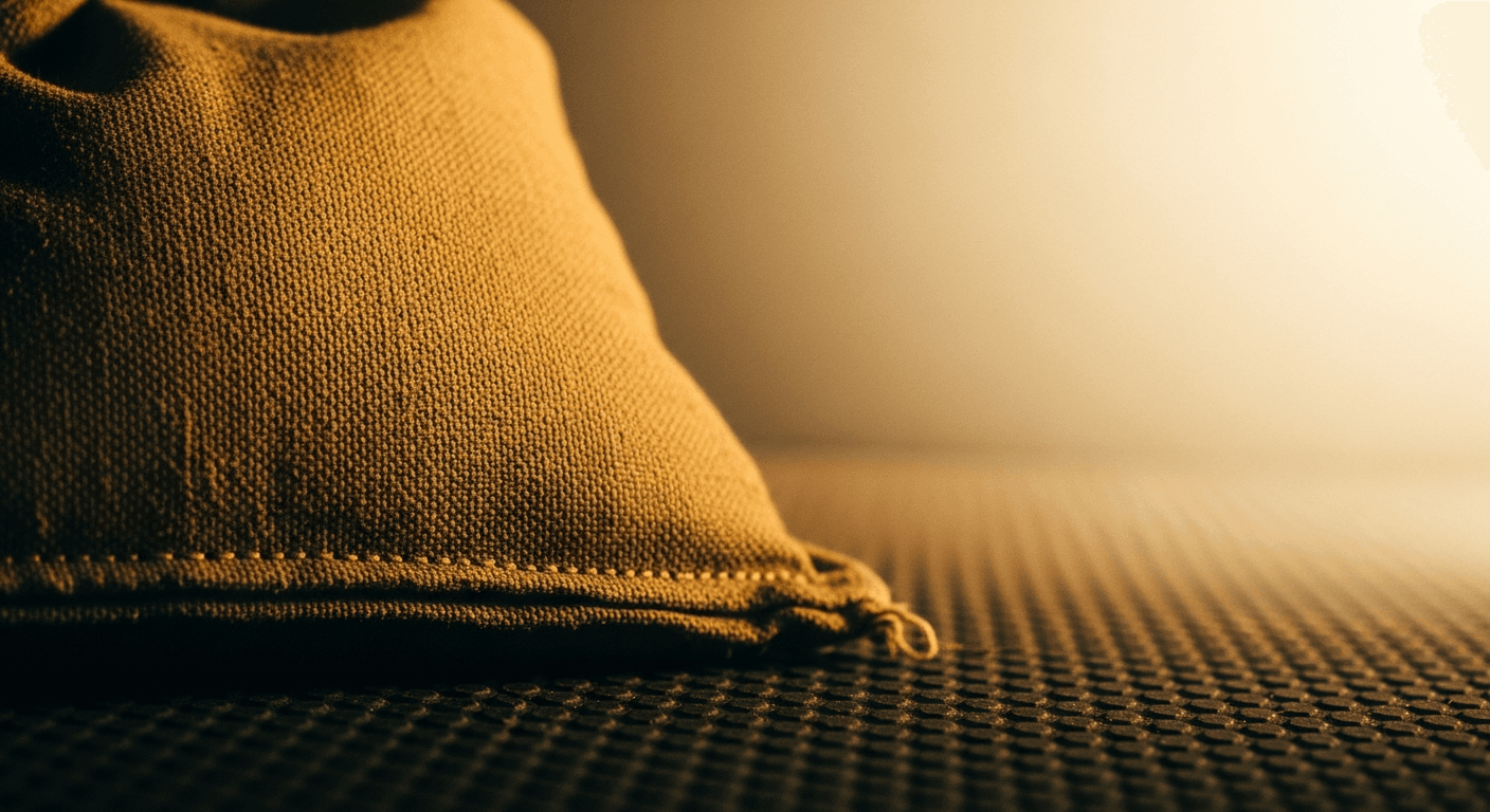Worn olive-green sandbag on rubber flooring, warm lighting highlighting raw texture and detail.