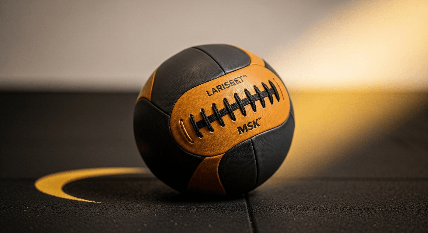 Close-up of a glossy charcoal and amber wall ball lit by warm side lighting against a blurred gym floor.