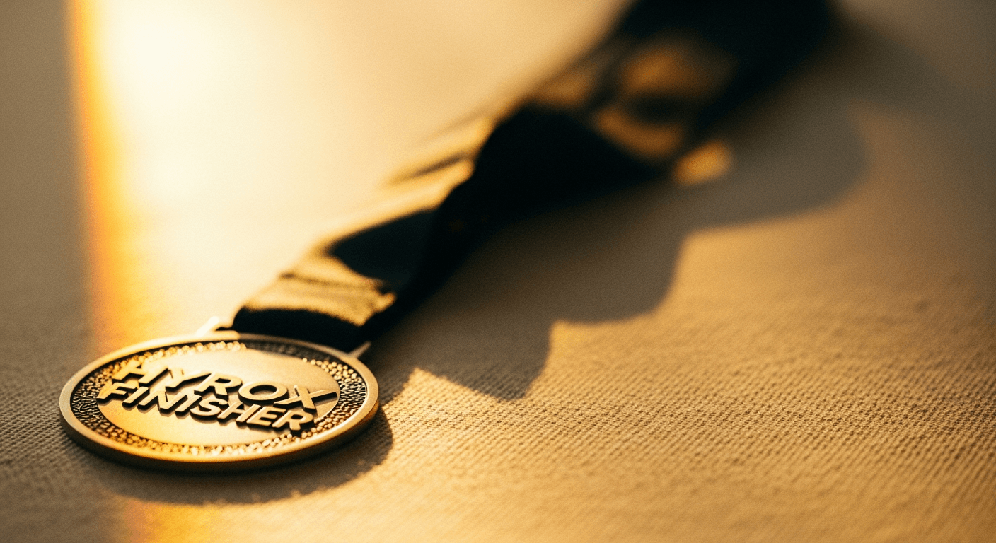 Gold HYROX finisher's medal with ribbon resting on cream linen with warm amber lighting.