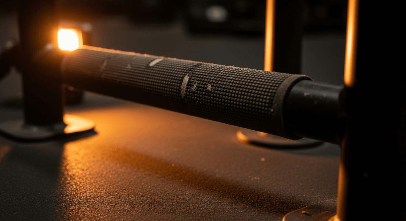 Close-up of a worn black sled push handle bar with grip tape on a competition gym floor.