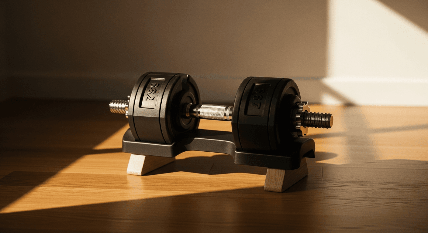 Adjustable dumbbells on a wooden rack, illuminated by warm golden lighting.