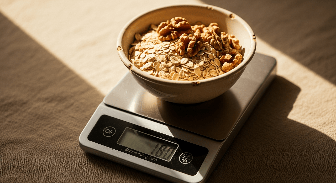 A kitchen scale with a bowl of oats and walnuts on a warm blurred background.