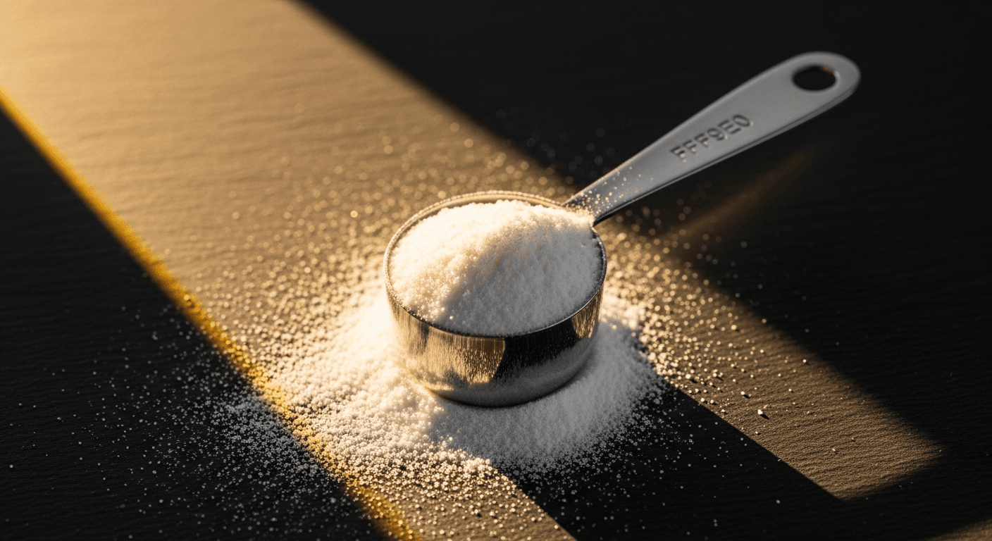 Stainless steel scoop filled with white creatine monohydrate powder on charcoal slate with warm amber lighting.