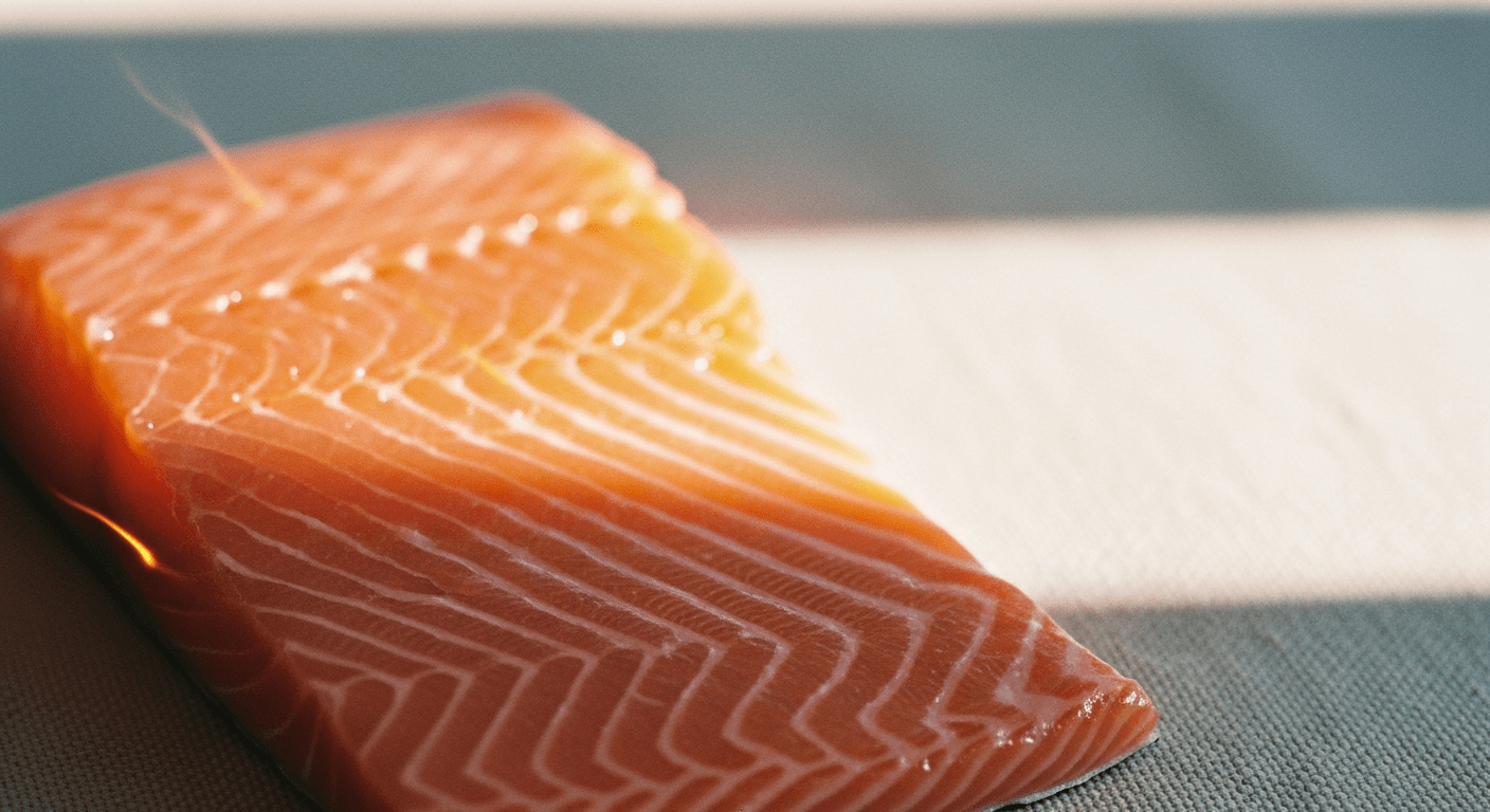 Raw salmon fillet with glistening flesh lit by warm amber light on cream linen.