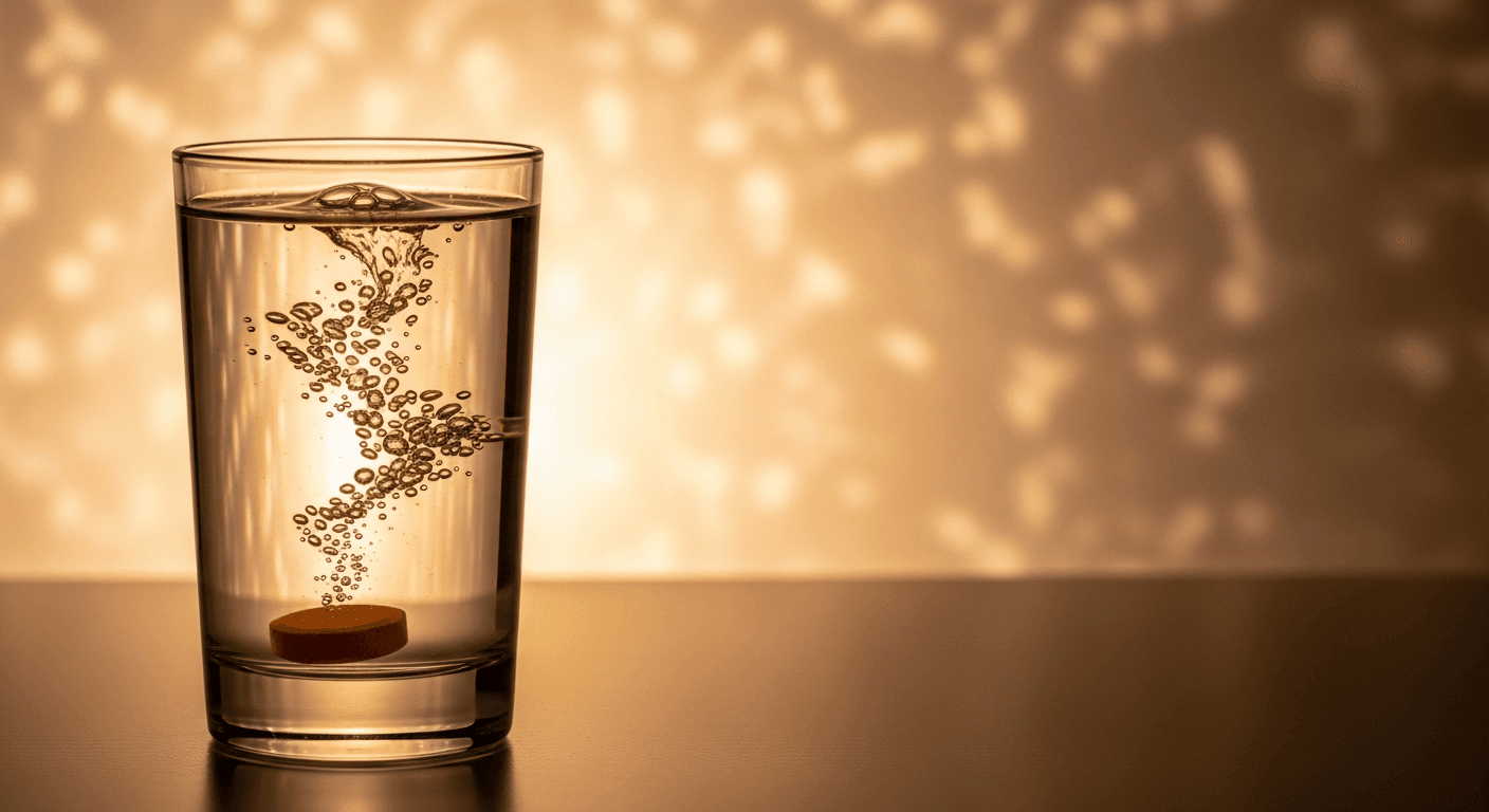 An orange electrolyte tablet dissolves in a clear glass of water, releasing glowing bubbles.