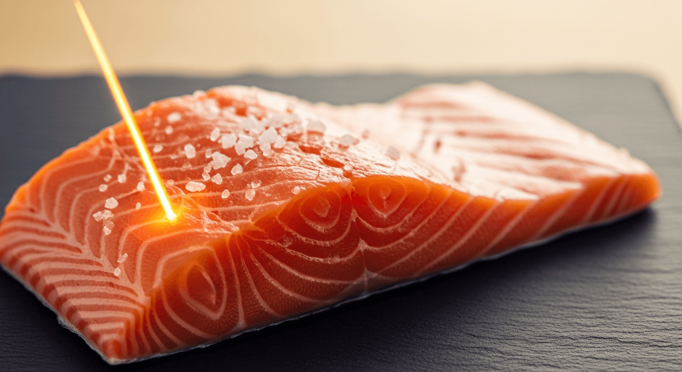 Fresh salmon fillet with sea salt crystals on dark slate with warm lighting.