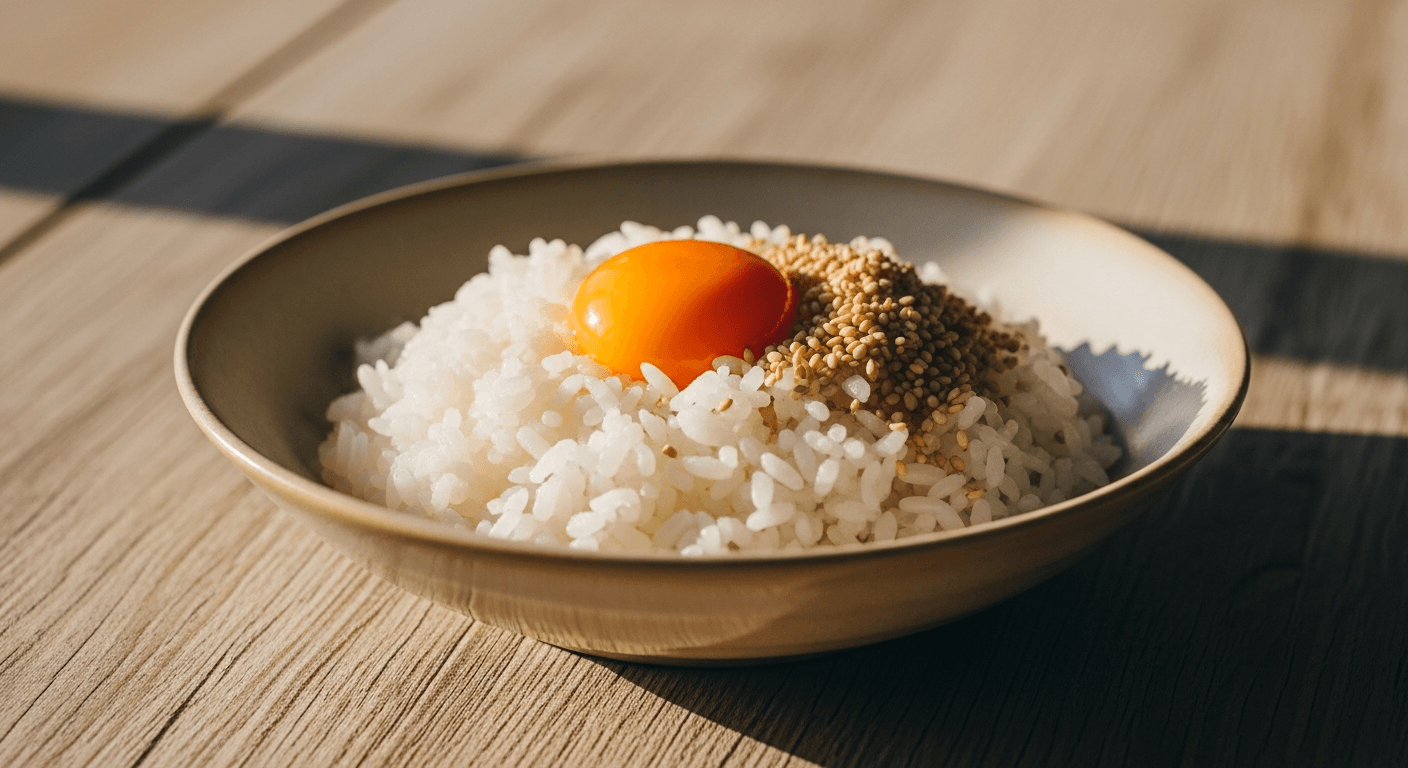 Bowl of Japanese rice topped with raw egg yolk and toasted sesame seeds on wooden surface.