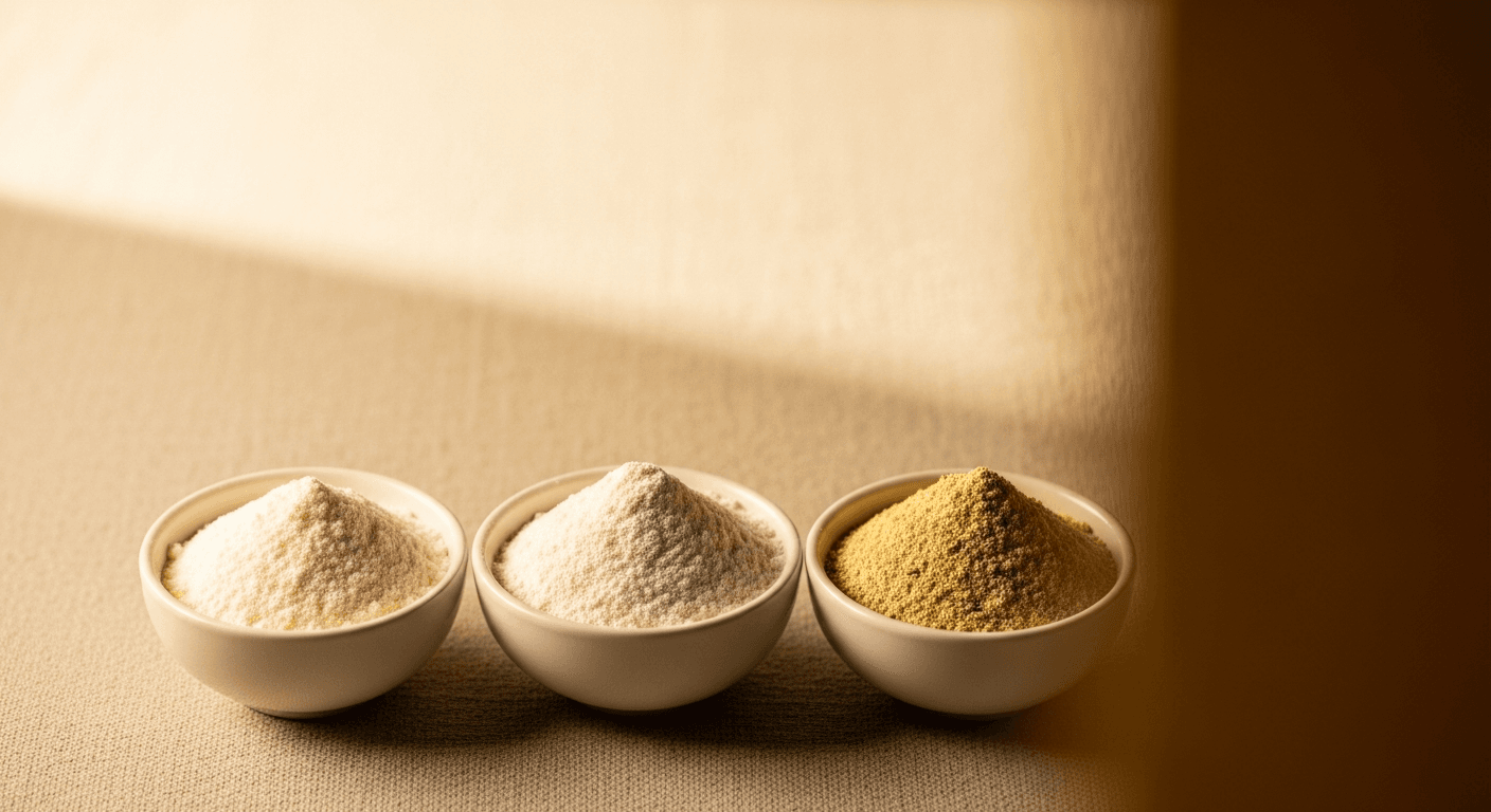 Three ceramic bowls with distinct protein powders: whey, casein, and plant-based blend on a linen surface.