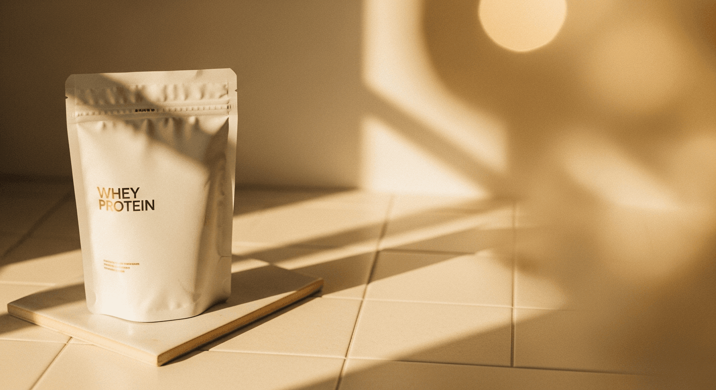 Premium white matte whey protein pouch with gold lettering, illuminated by warm amber light against a cream ceramic background.