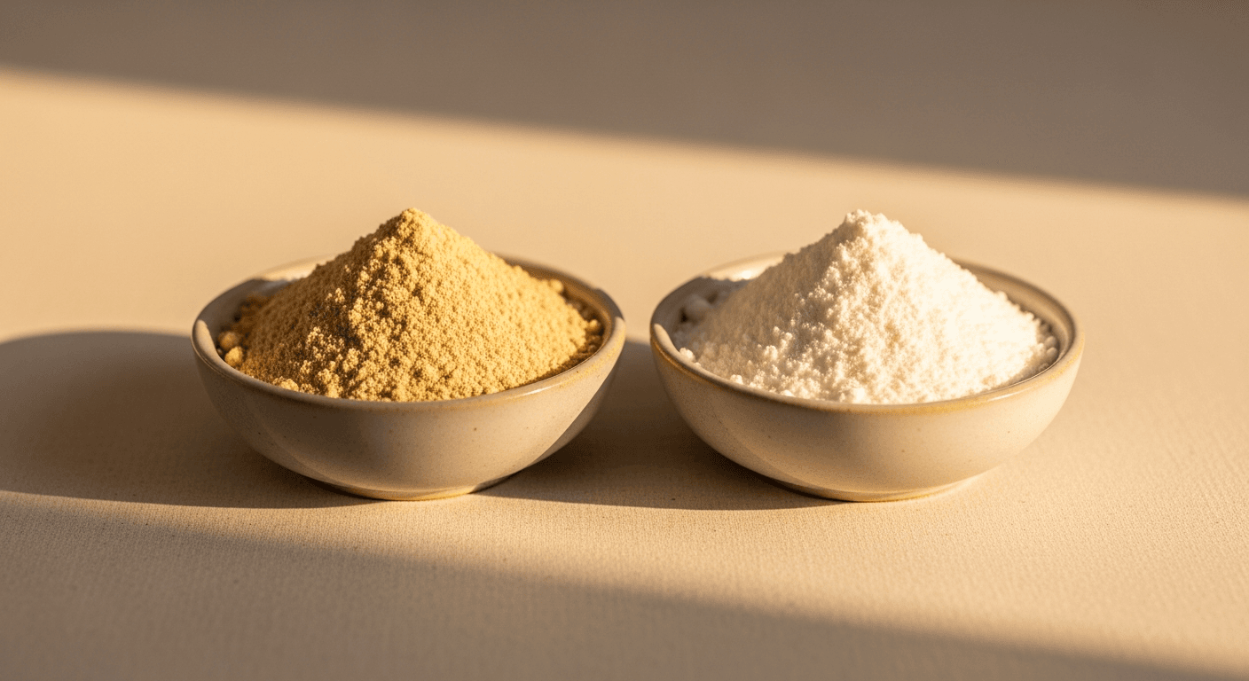 Two ceramic bowls with pea protein powder and whey powder side by side, illuminated by warm light.