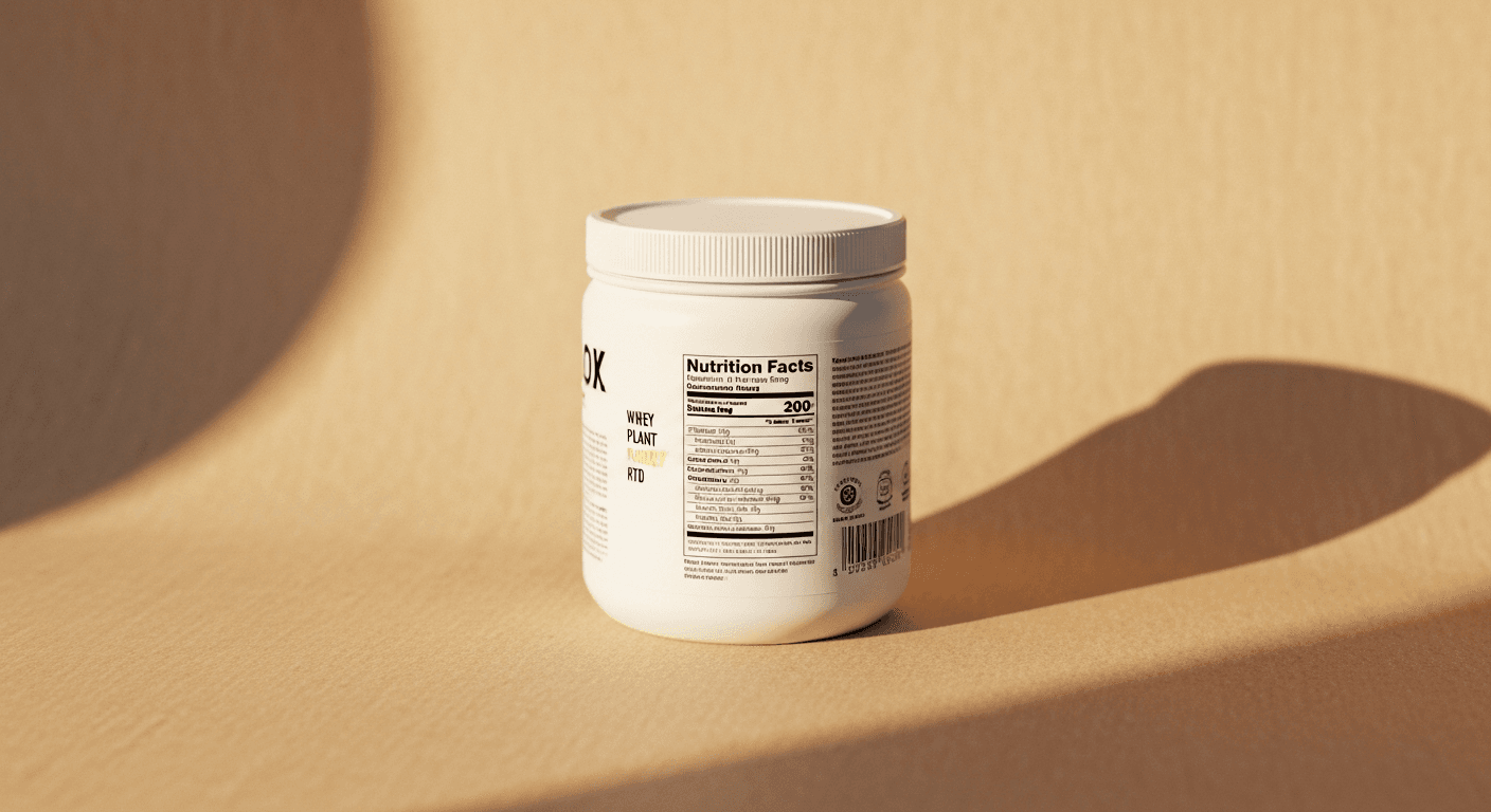Sealed protein supplement canister with visible nutrition label, lit by warm amber light against a cream-colored kraft background.