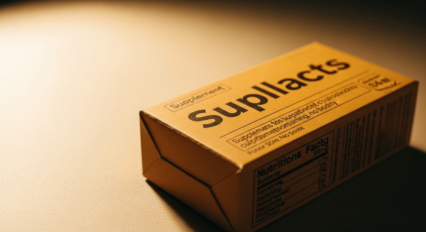Amber supplement box with embossed text, warm-lit against kraft paper with shallow depth of field.
