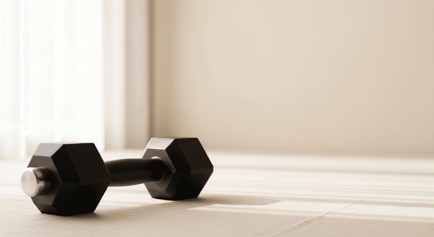 Single black dumbbell on warm cream background with soft natural light.