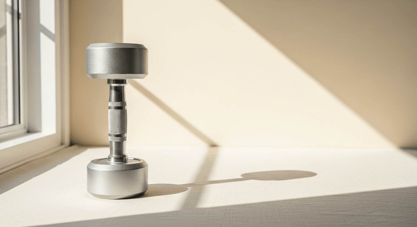 A brushed aluminum dumbbell on a warm cream background with soft natural diffused light.