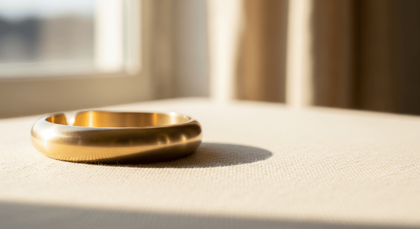 Polished brass barbell collar on warm cream background with soft natural light.