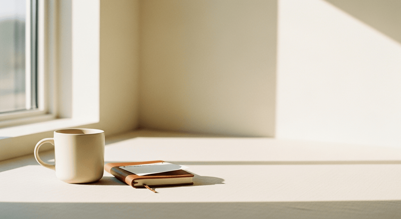 Minimalist editorial photo: an ivory coffee mug and closed leather journal on a soft cream background.