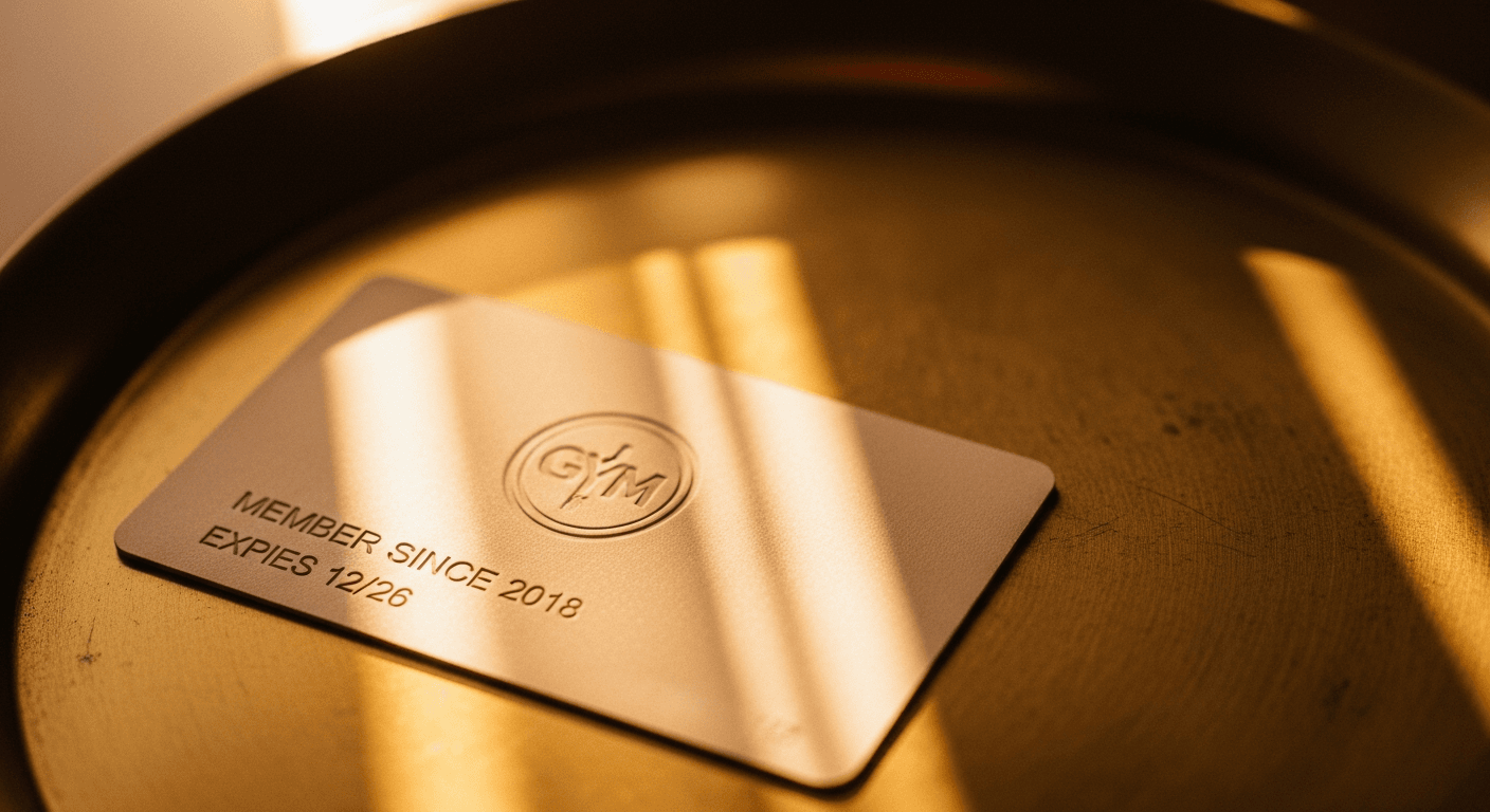 Cream and amber gym membership card on a brass tray with warm lighting and shallow focus.