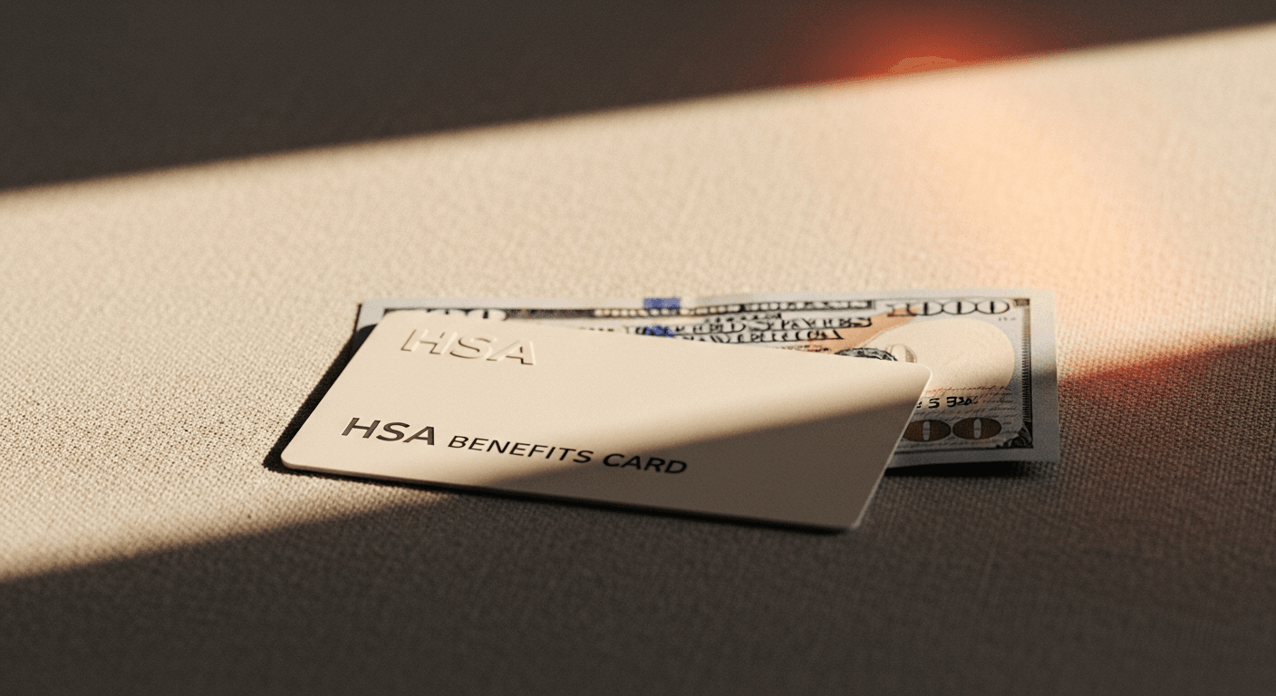 HSA benefits card and $500 bill arranged in flat-lay photography with warm dramatic lighting.