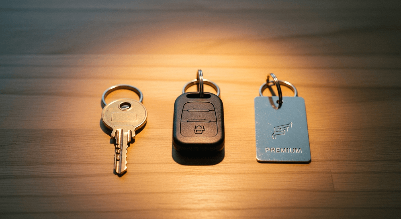 Three keychains representing budget, premium, and boutique models arranged on a brushed oak surface with warm lighting.