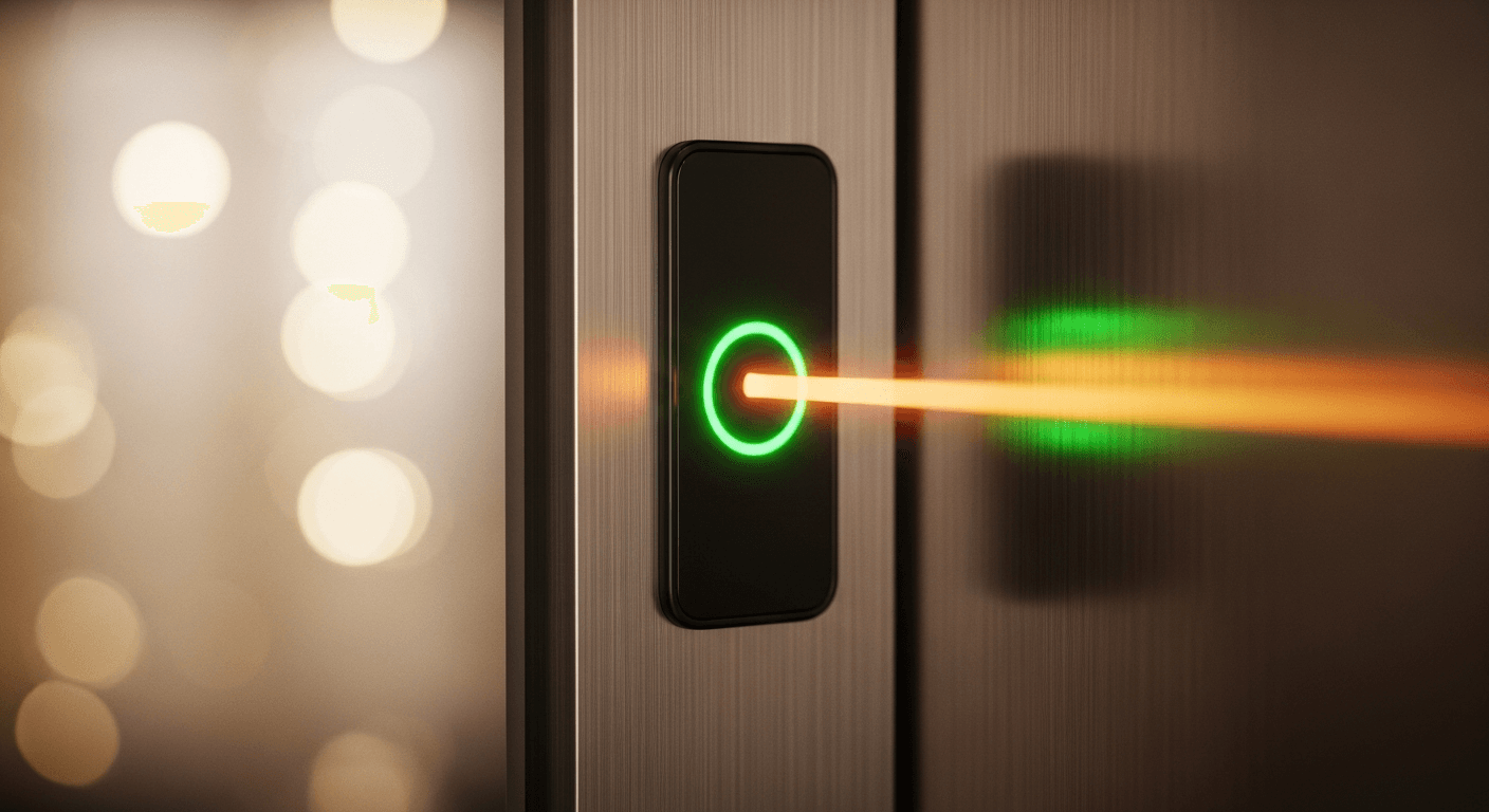 Sleek black NFC card reader with illuminated green ring mounted on brushed metal panel.